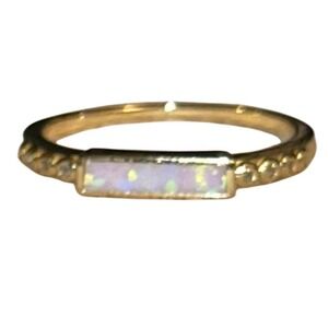 14k Gold Over 925 Sterling Silver Baguette Lab Opal and Cubic Zirconia Bar Ring